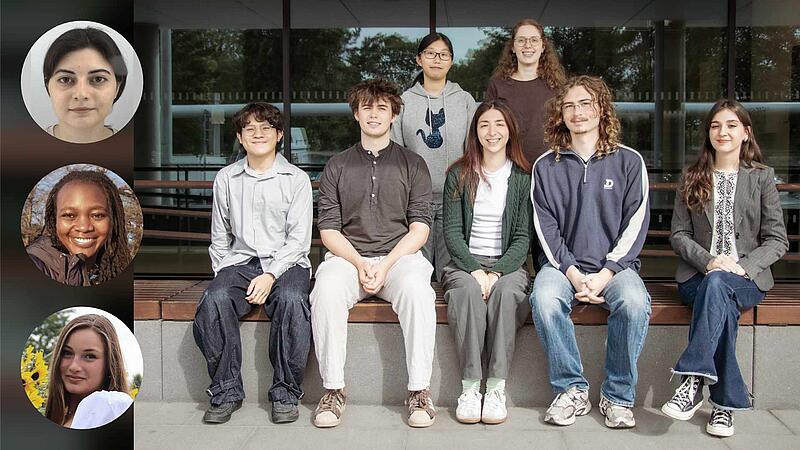 An outside group shot, glass wall of a scientific institute in the background: five young people sitting on a concrete bench with wooden top, two people standing behind it; on the left-hand side three portraits of young people in circular shape