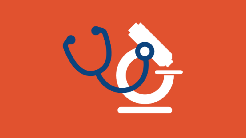 A stylized microscope and a stethoscope in a circle