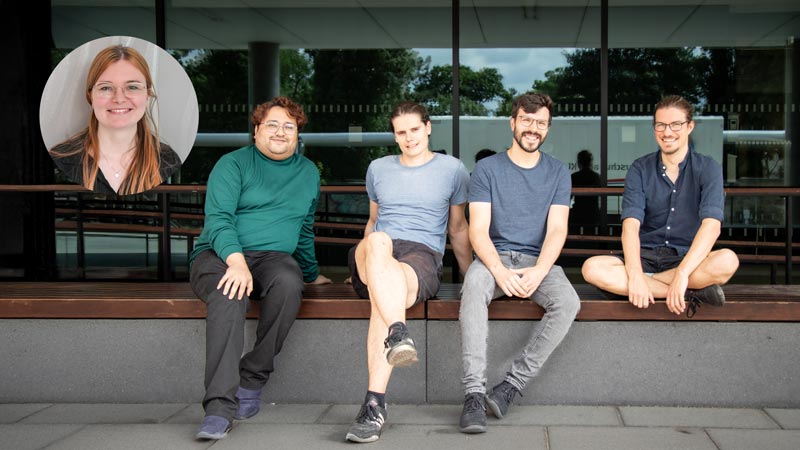 Four people on a bench outside a scientific institute, with a circular portrait image of a fifth person added to the image